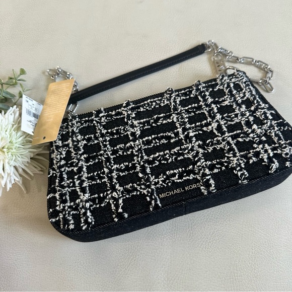 NWT MICHAEL KORS Empire Medium Frayed Denim Chain-Link Pochette Shoulder Bag - Picture 5 of 12